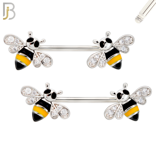 NP59- 316L Surgical Steel Honey Bee Design Externally Threaded Nipple Rings (Sold as Pair) image 0