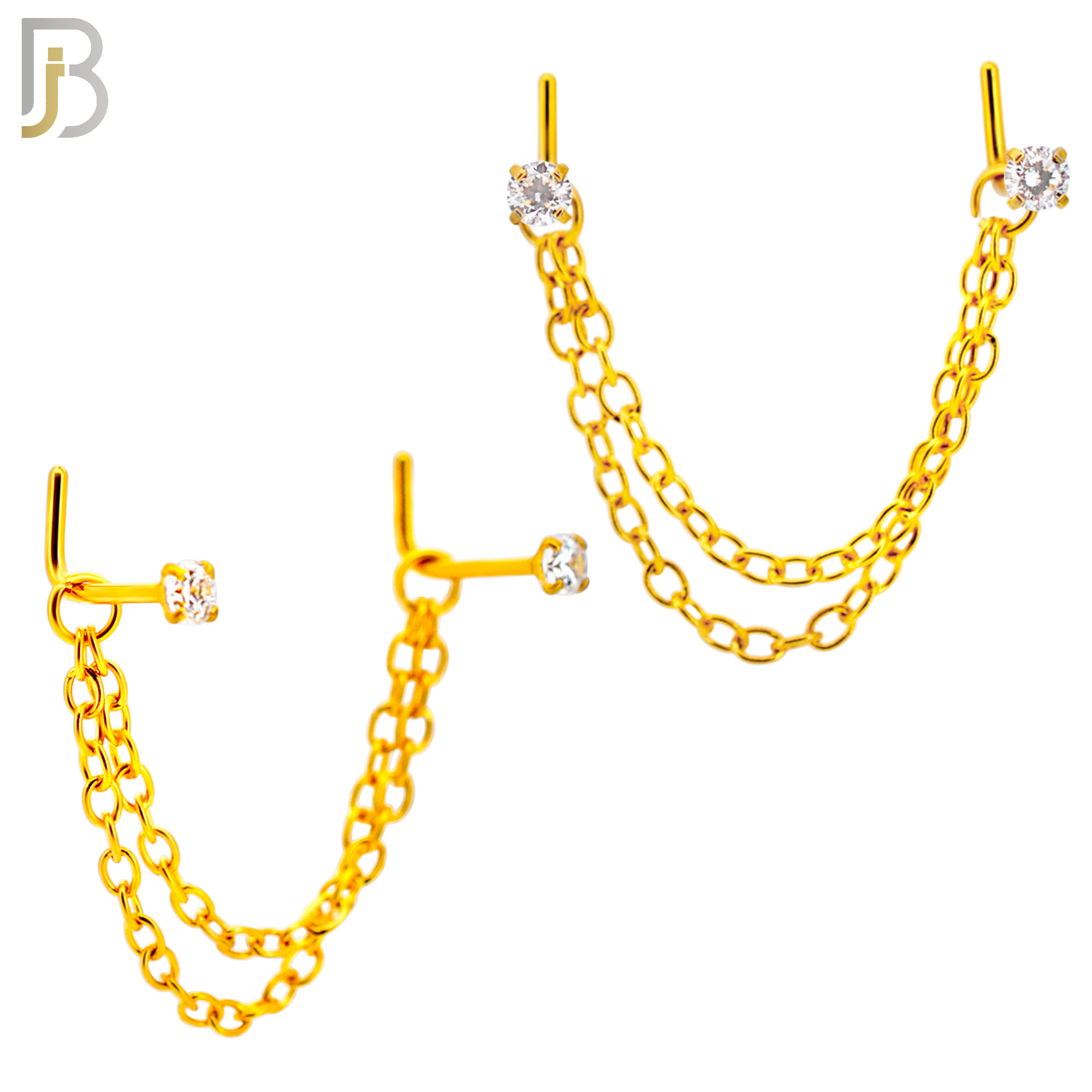 NR120L - 316 Surgical Steel Double L-Shaped Nose Rings with 2.5mm CZ in Prong Set and Double Chain Link - (Pack of 3) image 2