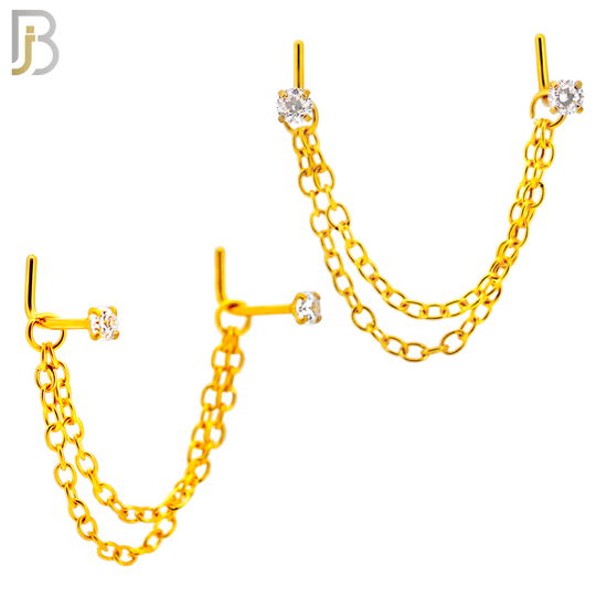 NR120L - 316 Surgical Steel Double L-Shaped Nose Rings with 2.5mm CZ in Prong Set and Double Chain Link - (Pack of 3) image 2