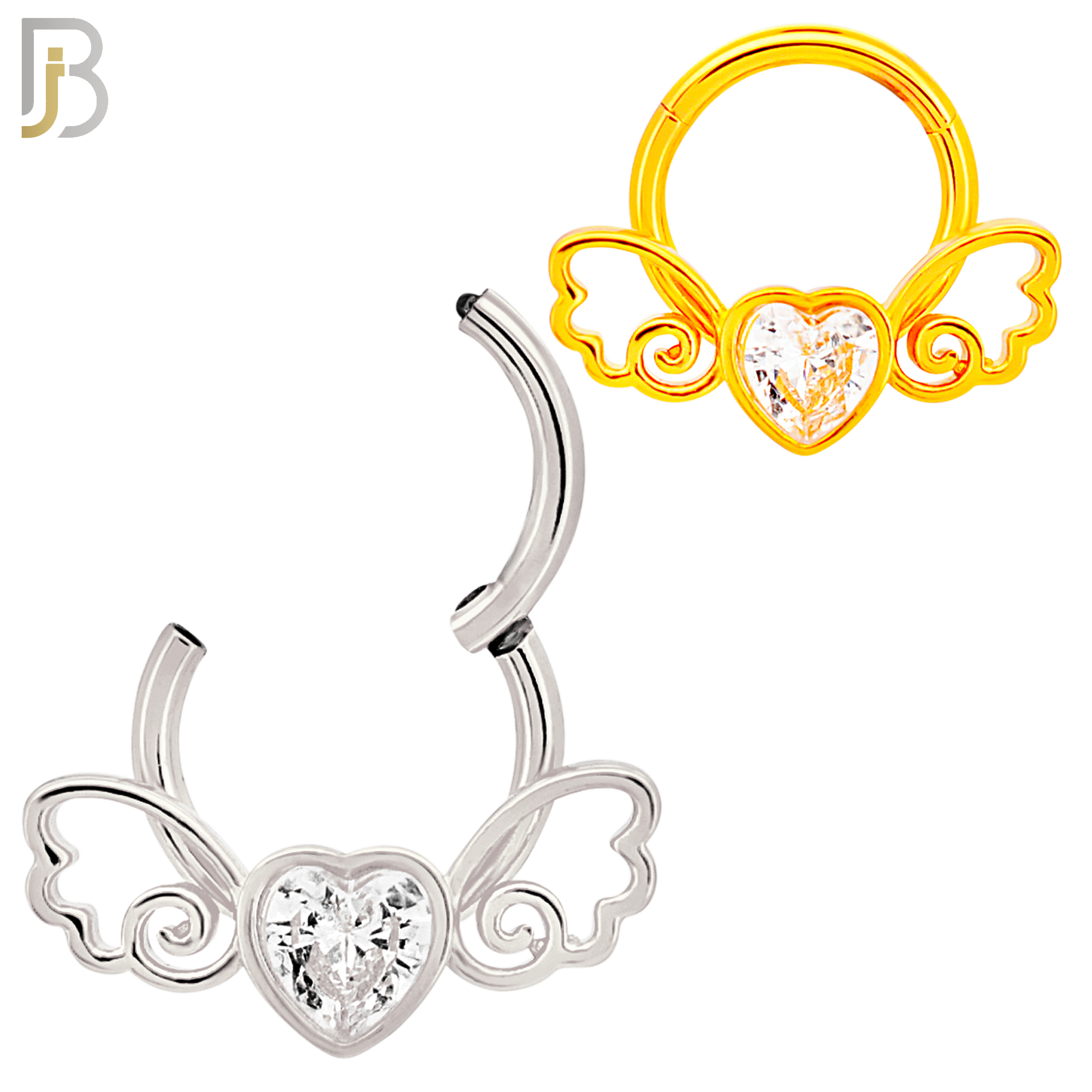 CT124 - 316 Surgical Steel Heart Shaped CZ in Bezel Set with Wings Hinged Hoop  (Pack of 6) image 0