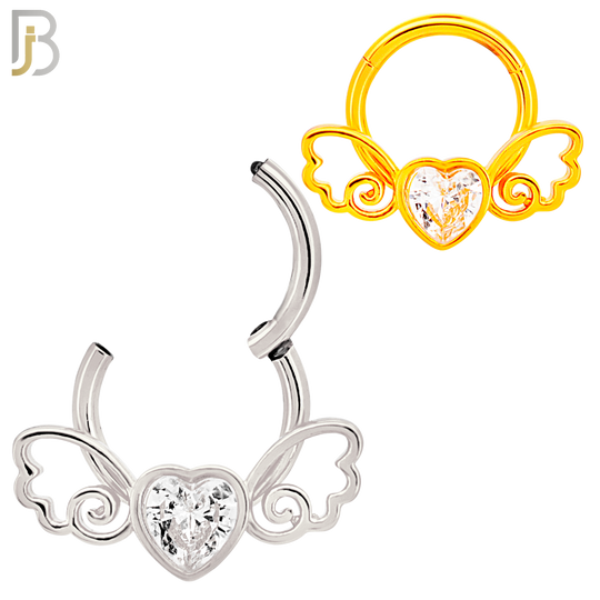 CT124 - 316 Surgical Steel Heart Shaped CZ in Bezel Set with Wings Hinged Hoop  (Pack of 6) image 0