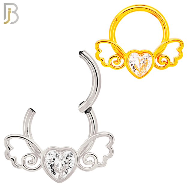 CT124 - 316 Surgical Steel Heart Shaped CZ in Bezel Set with Wings Hinged Hoop  (Pack of 6) image 0
