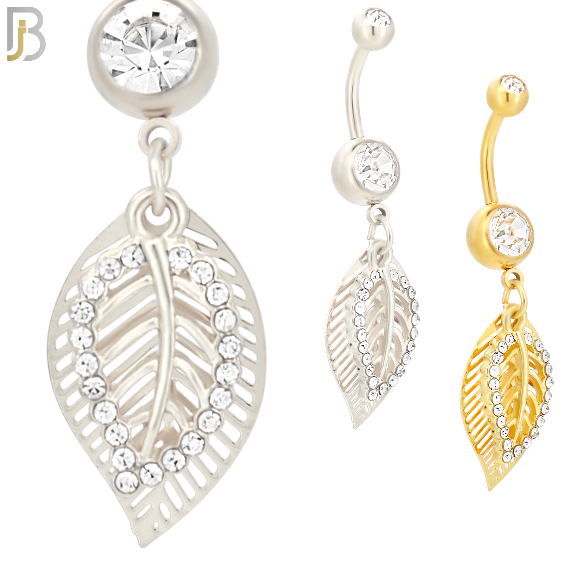 N023  - 316L Stainless Steel Dangling Leaf with Zircon Design Belly Ring with 5mm Screw Ball image 0