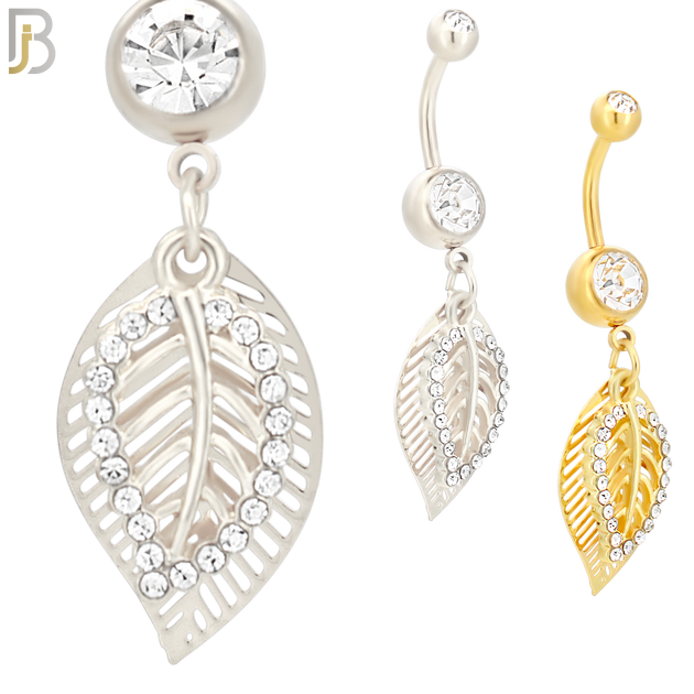 N023  - 316L Stainless Steel Dangling Leaf with Zircon Design Belly Ring with 5mm Screw Ball image 0