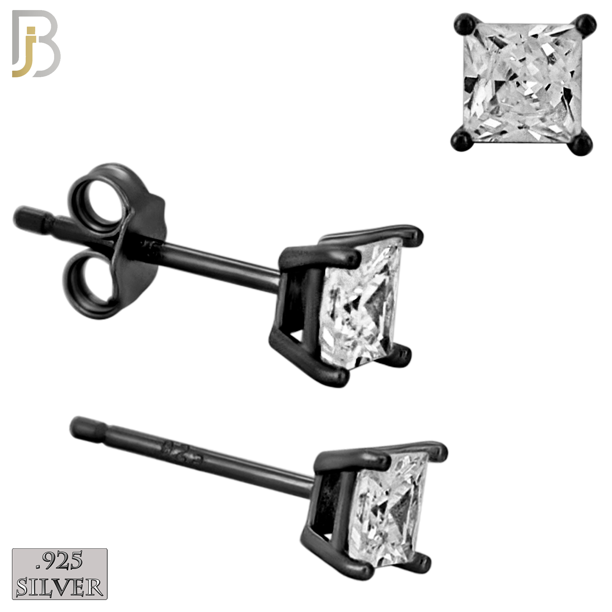 925-ES72-KC - .925 Sterling Silver Black Plated Earring Stud Casting Square Princess Cut Prong Setting Clear Zircon image 3