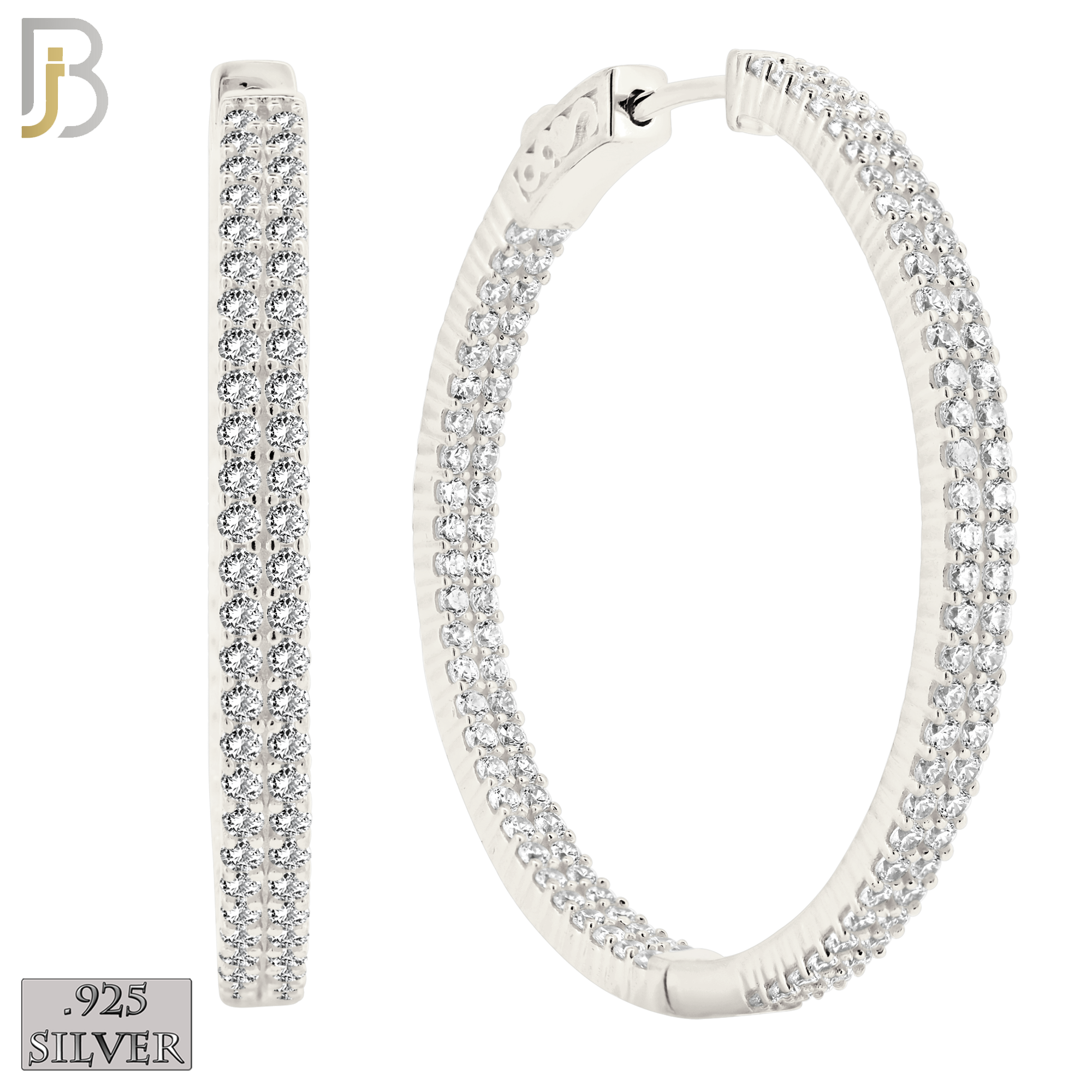 925-ES250 - .925 Sterling Silver Latch Back Hoop Earrings With Two Rows of Zircon image 4