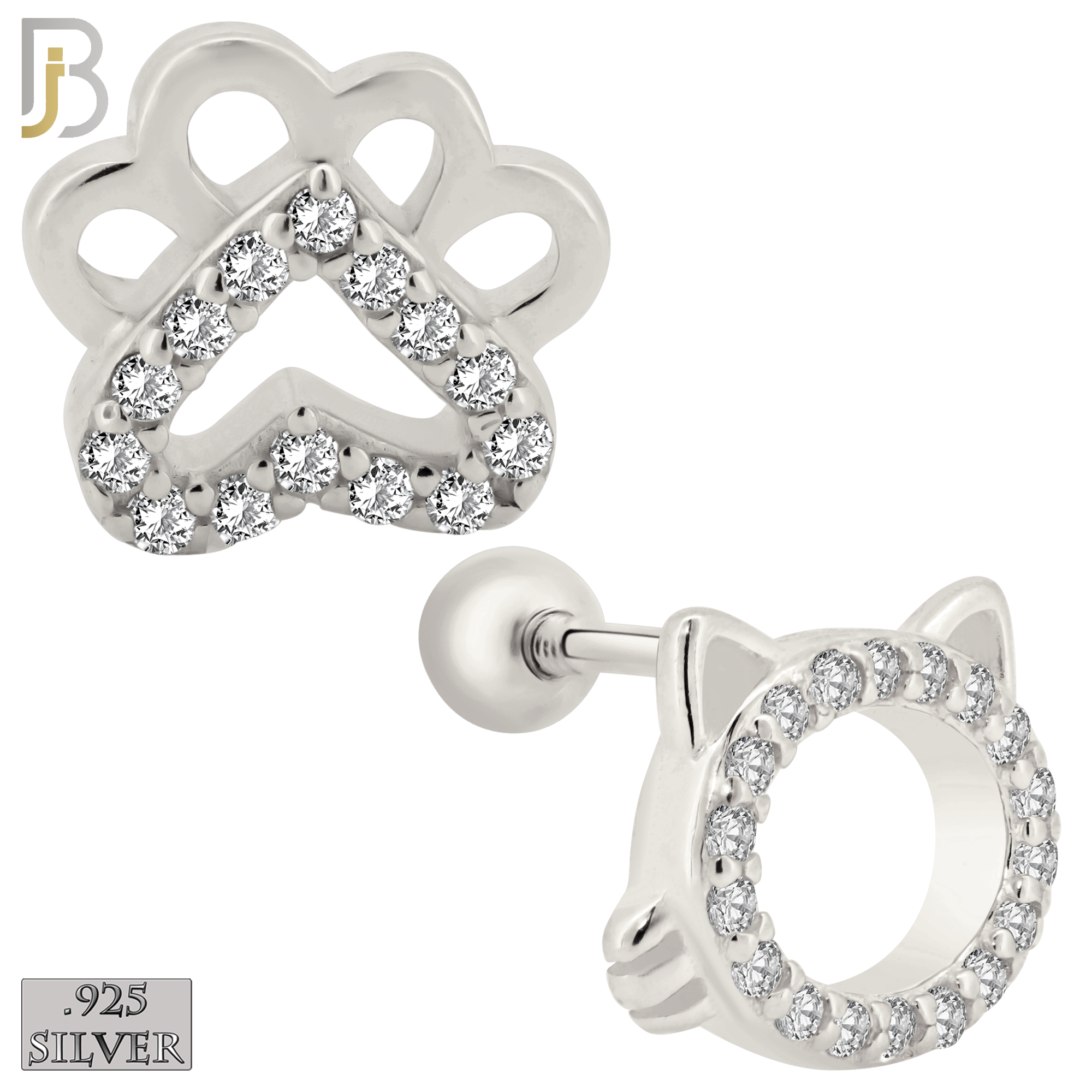 925-ES217 – Screw Ball Back - .925 Sterling Silver Cat Head and Paw Mismatched Design Earring Stud with Zircon image 1