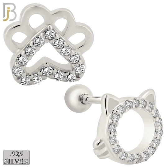925-ES217 – Screw Ball Back - .925 Sterling Silver Cat Head and Paw Mismatched Design Earring Stud with Zircon image 1
