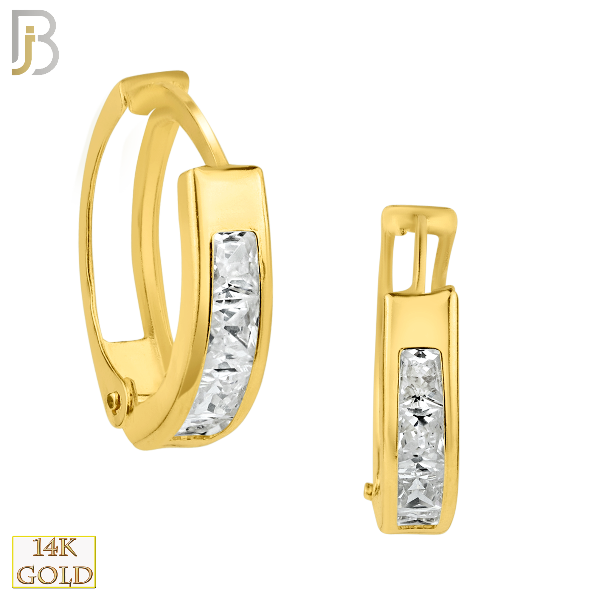 14-ES55 - 14k Yellow Gold Four Square Channel Set Clear CZ on One Side and Hollow Back Oval Hinged Hoop Earrings image 0