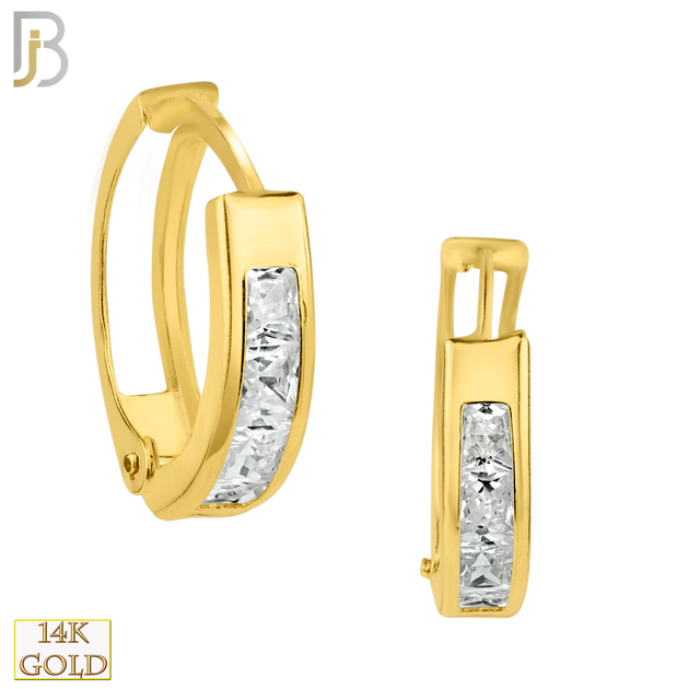 14-ES55 - 14k Yellow Gold Four Square Channel Set Clear CZ on One Side and Hollow Back Oval Hinged Hoop Earrings image 0