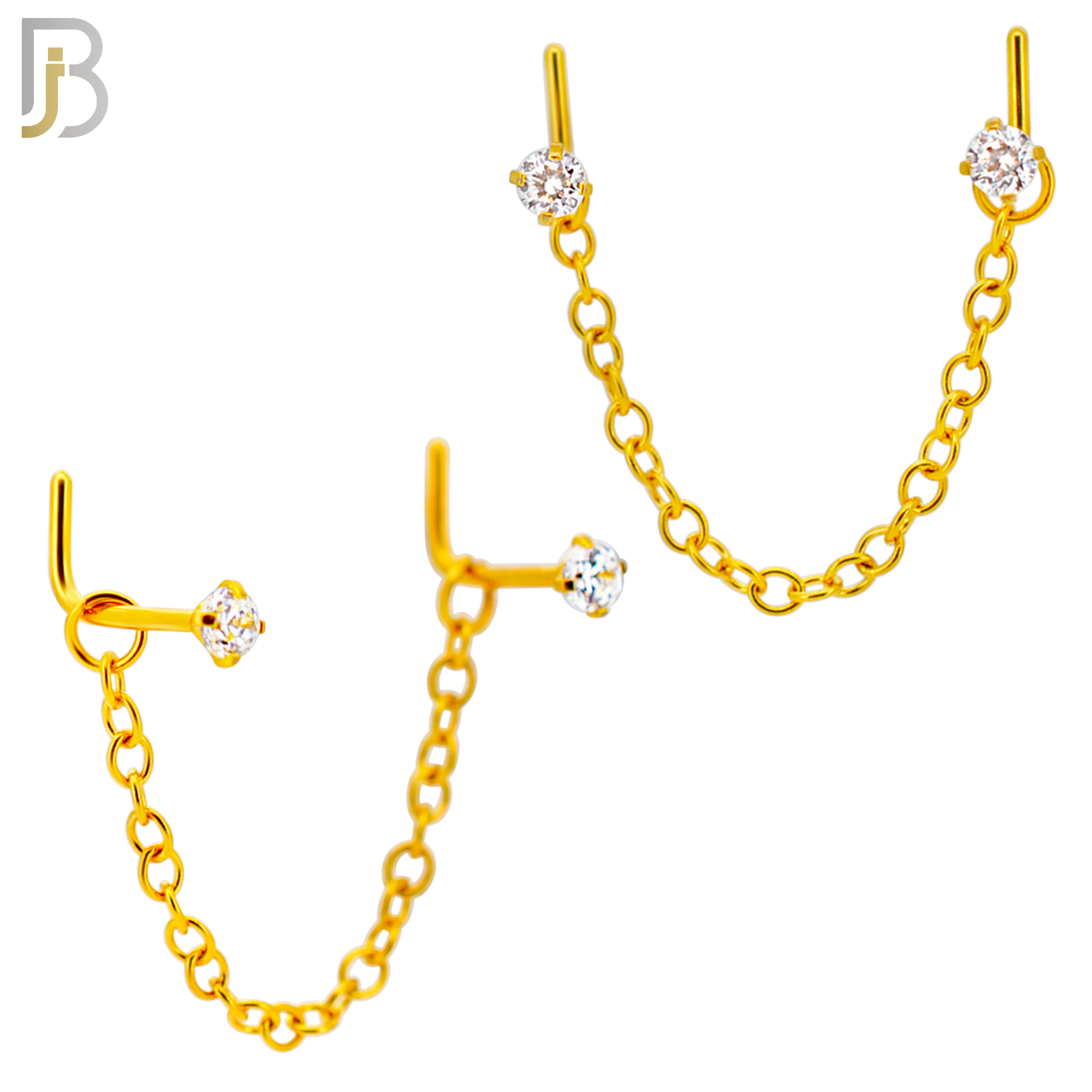 NR119L - 316 Surgical Steel Double L-Shaped Nose Rings with 2.5mm CZ in Prong Set and Single Chain Link - (Pack of 3) image 2