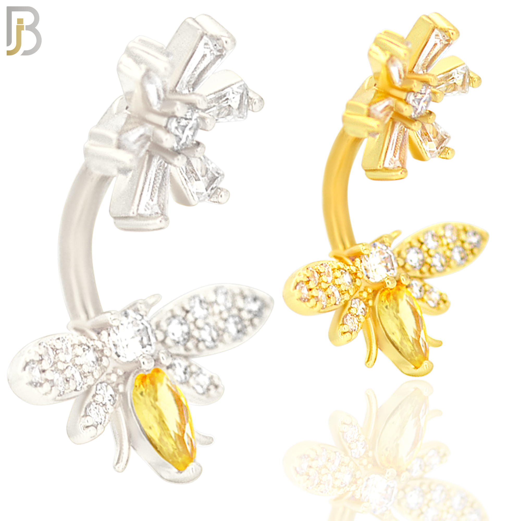 NB31 - 316L Stainless Steel Bee with Flower Top Zircon Banana Belly Navel Ring image 0