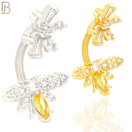 NB31 - 316L Stainless Steel Bee with Flower Top Zircon Banana Belly Navel Ring image 0