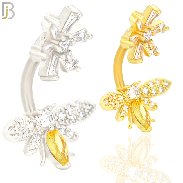 NB31 - 316L Stainless Steel Bee with Flower Top Zircon Banana Belly Navel Ring image 0