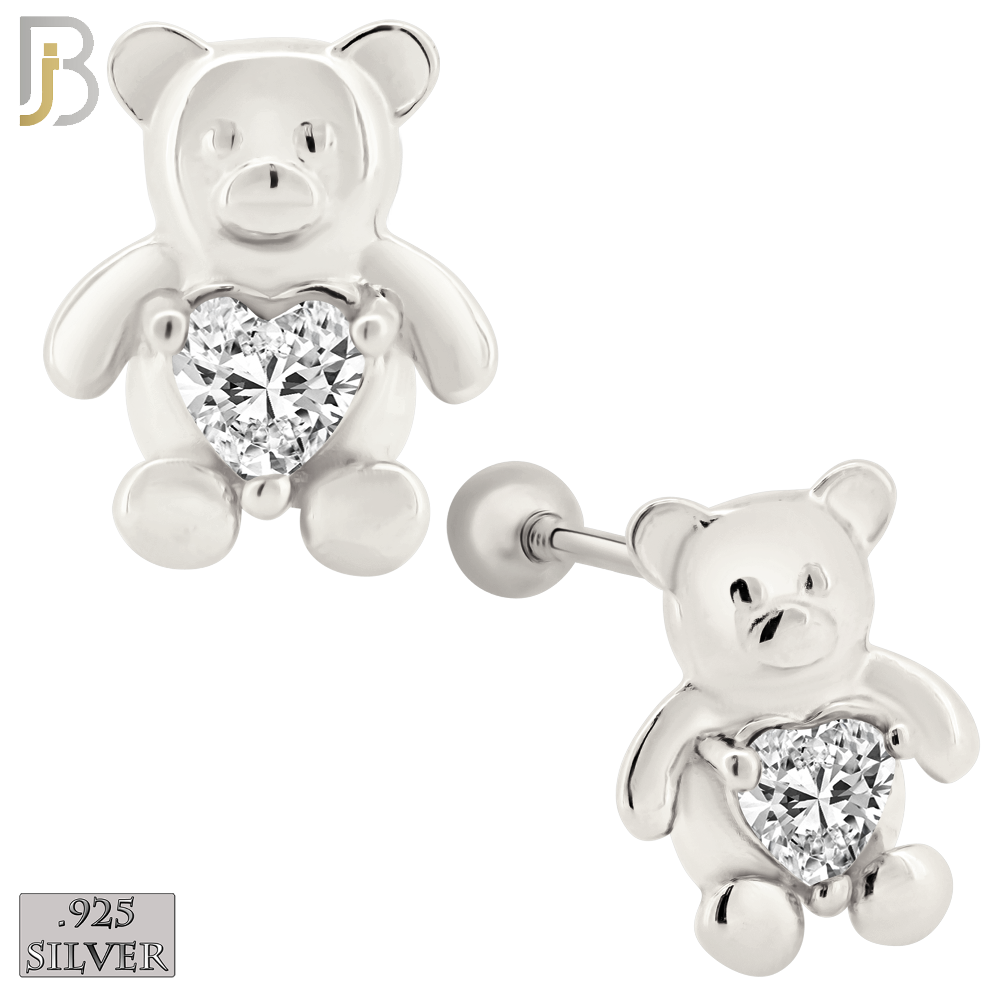 925-ES371 - Screw Ball Back - .925 Sterling Silver Bear with Heart Shaped CZ Stud Earrings image 1