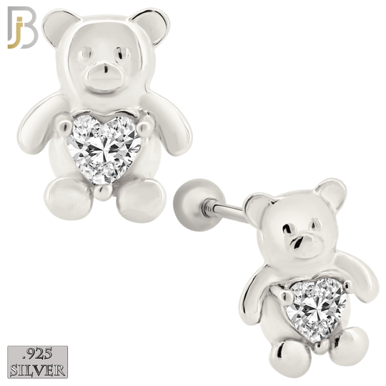 925-ES371 - Screw Ball Back - .925 Sterling Silver Bear with Heart Shaped CZ Stud Earrings image 1