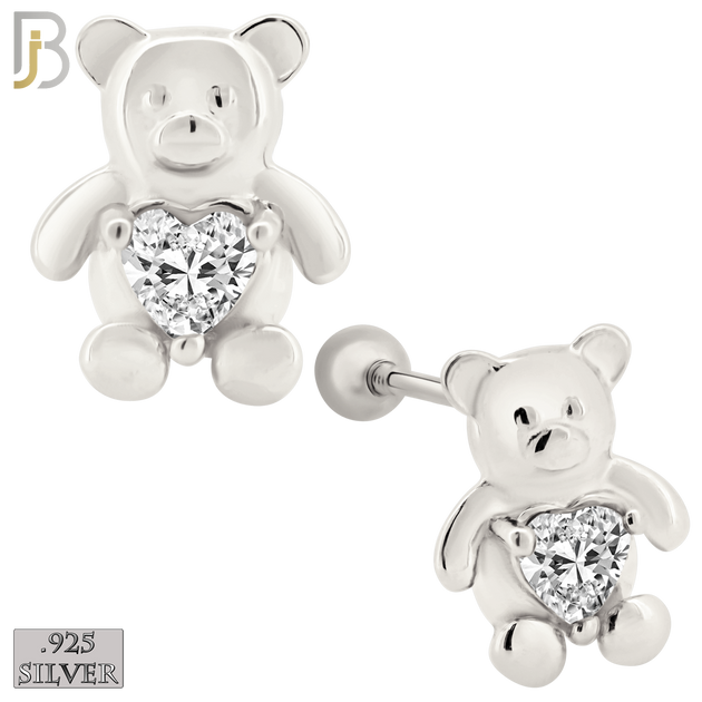 925-ES371 - Screw Ball Back - .925 Sterling Silver Bear with Heart Shaped CZ Stud Earrings image 1