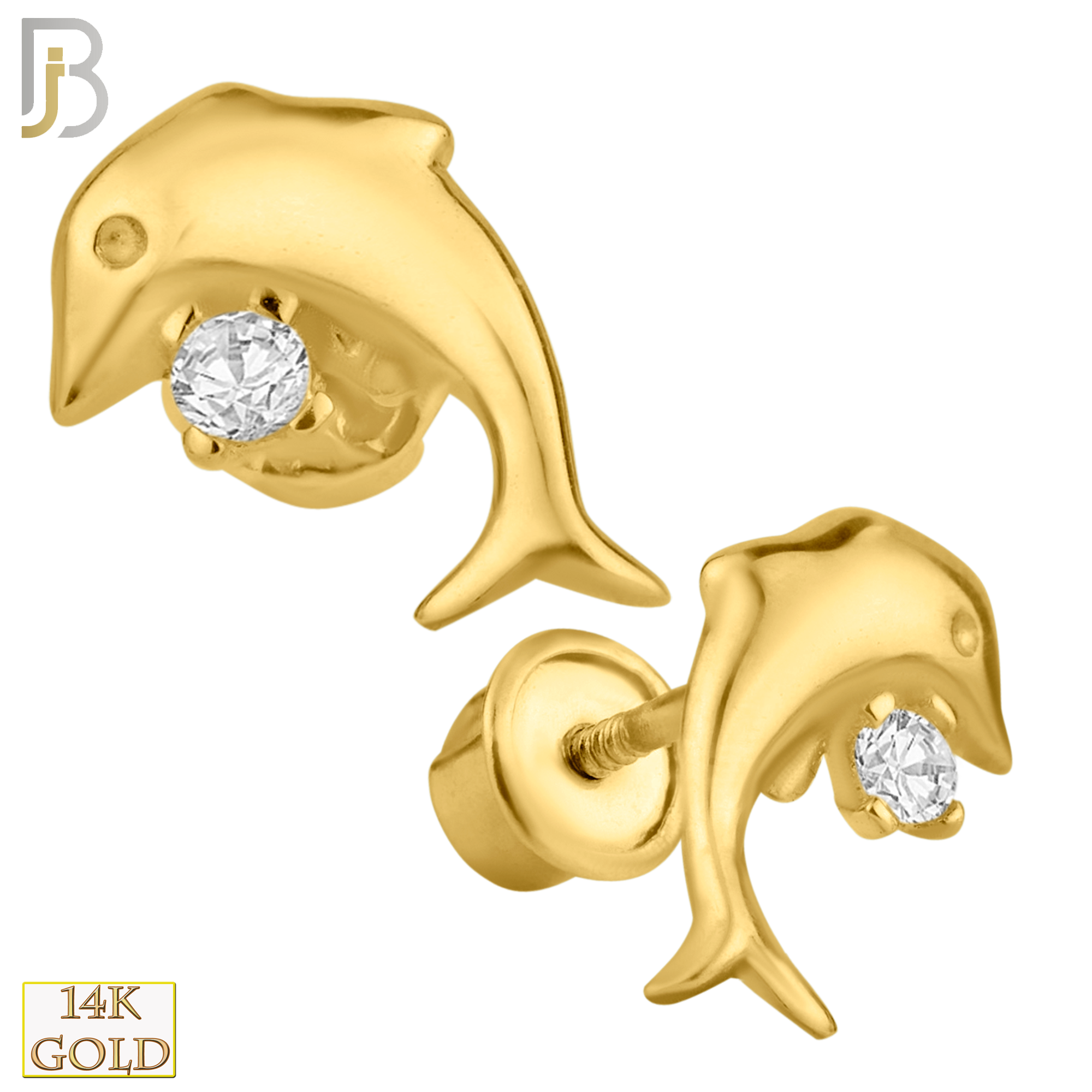 14-ES199 - 14k Solid Gold Dolphin with Single CZ Stone Stud Earrings image 0