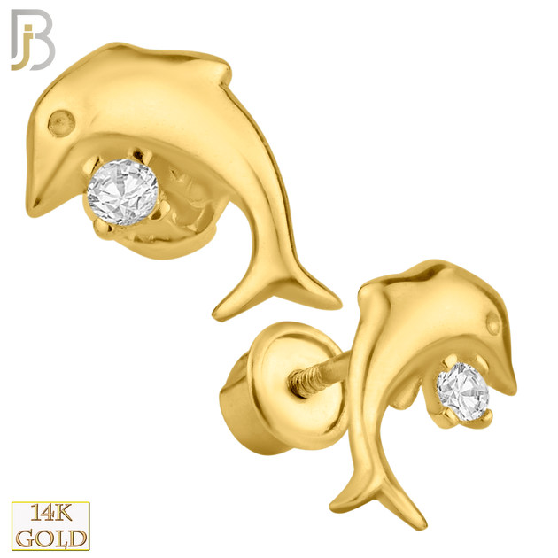 14-ES199 - 14k Solid Gold Dolphin with Single CZ Stone Stud Earrings image 0