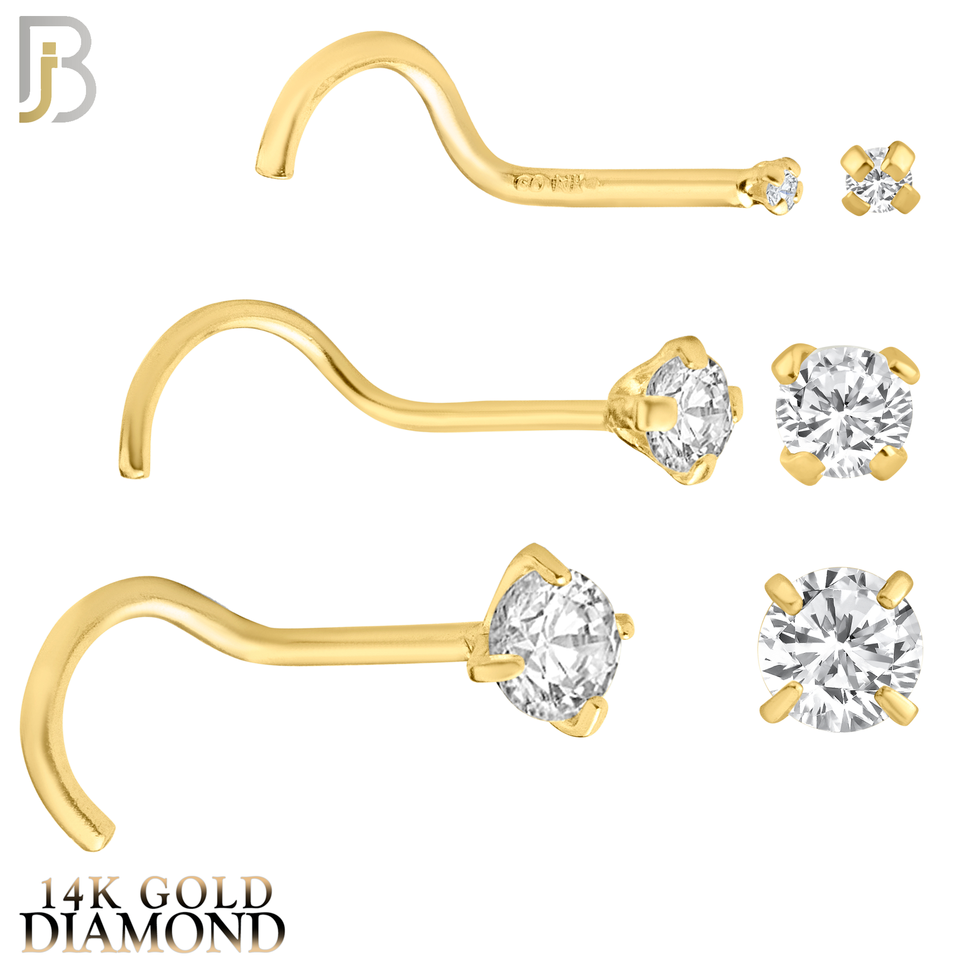 14-NR03D - 14k Solid  Gold Prong Setting  Round Si1 Diamond Nose Screw, Cork Screw image 0