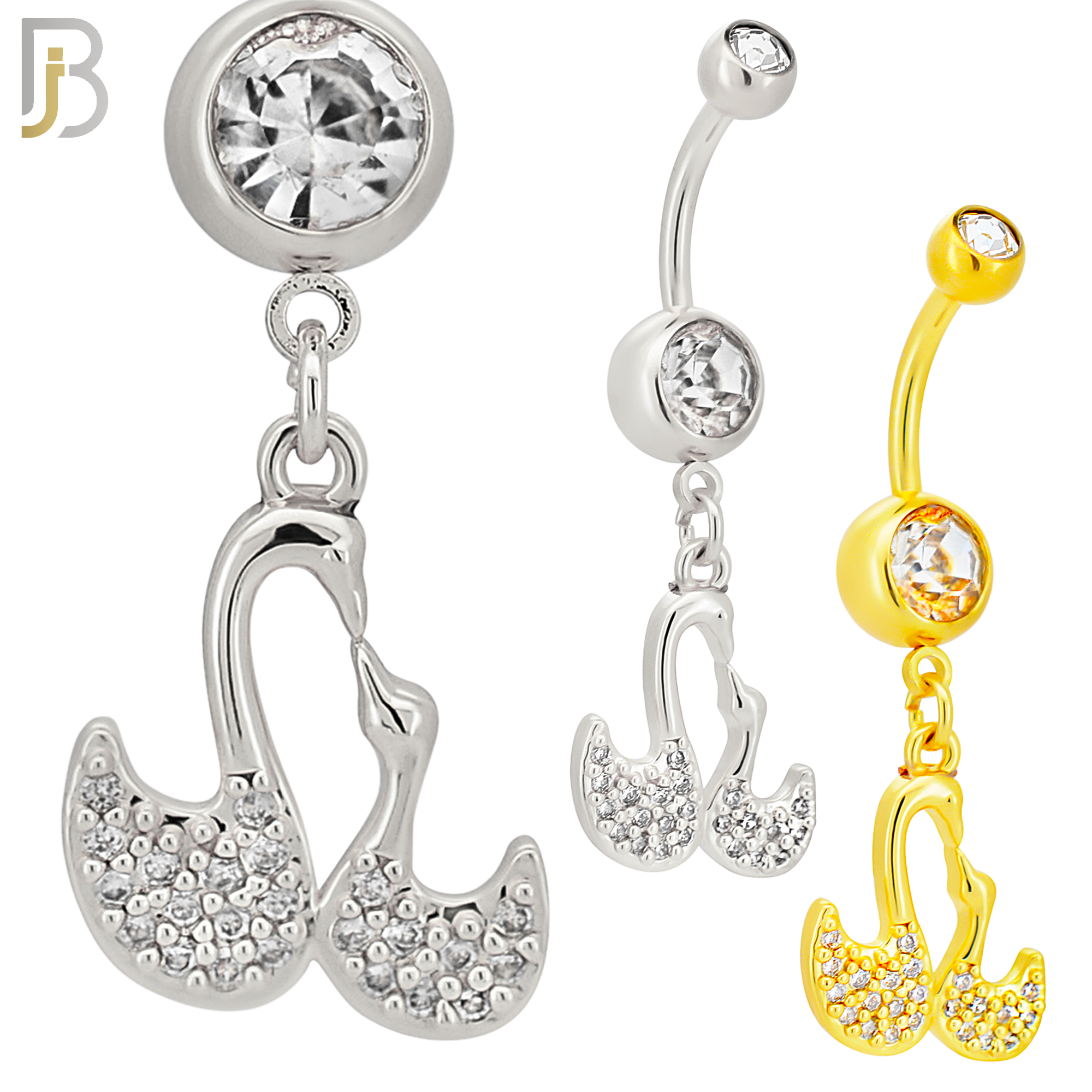 N0133 - 316L Stainless Steel Dangling Swan Design Zircon Belly Ring and 5mm Screw Ball image 0