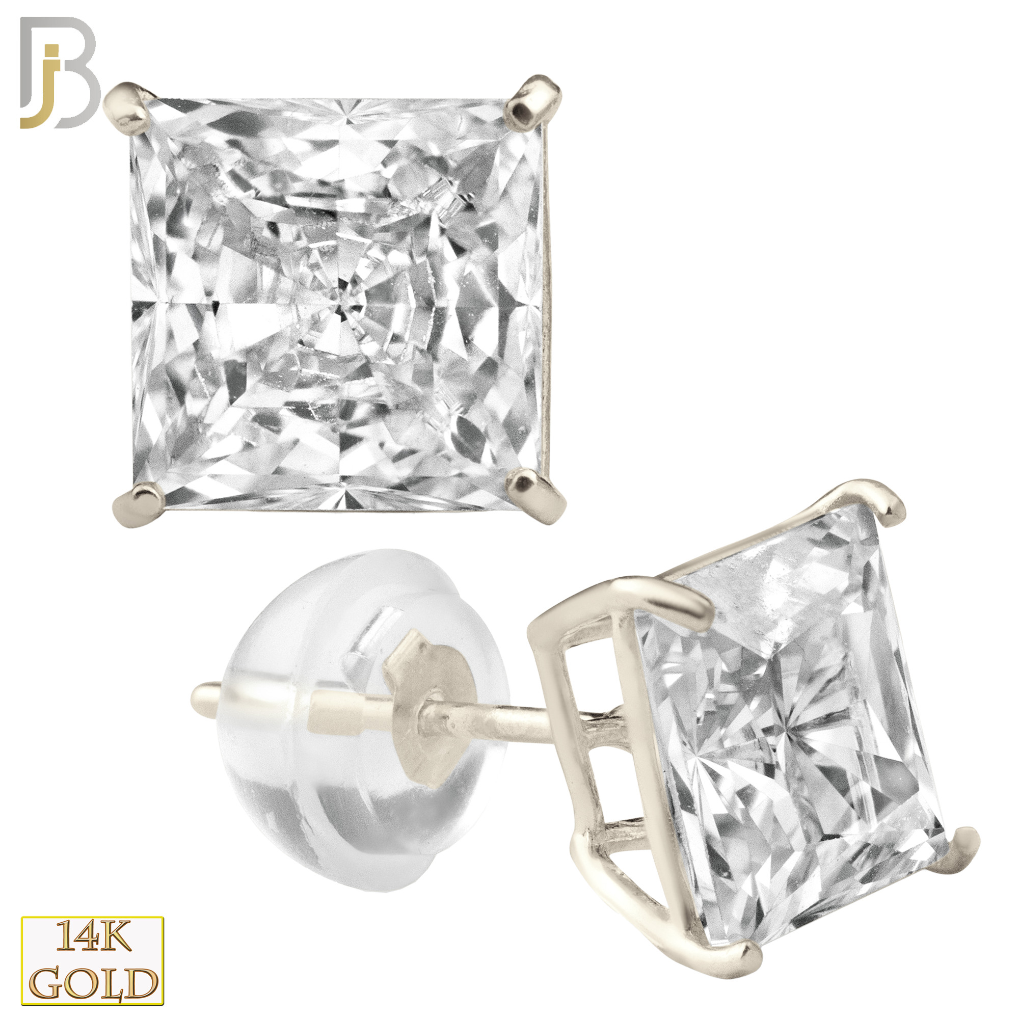 14-ES07WC - 14K White Gold Silicone Back Stud Earrings Casting Prong Setting with Square Clear Zircon image 1