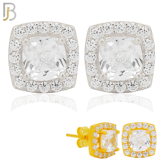 925-ES271- .925 Sterling Silver Rounded Edge Square with Multi Zircon Design Earrings Stud image 0