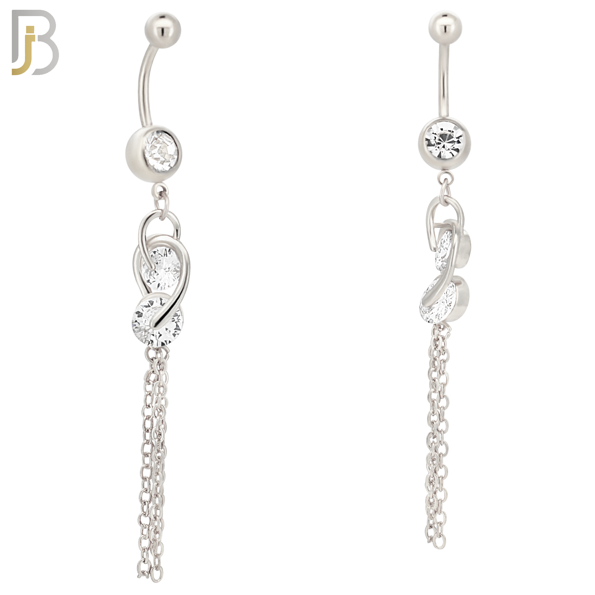 N0112  - 316L Stainless Steel Dangling Double CZ Chain Drop Belly Ring image 1
