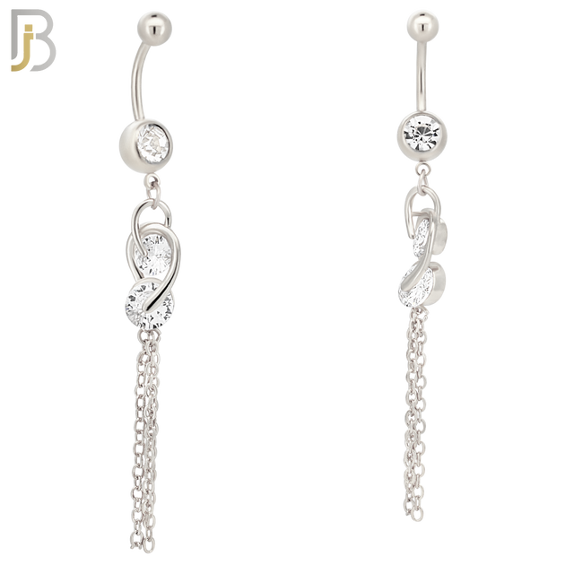 N0112  - 316L Stainless Steel Dangling Double CZ Chain Drop Belly Ring image 1