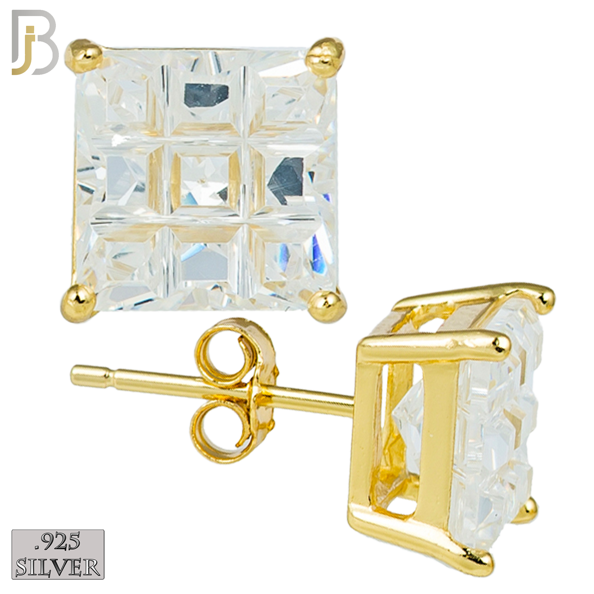 925-ES74-GC - .925 Sterling Silver Gold Plated Earring Stud Casting Square Princess Invisible Cut Prong Setting Clear Zircon image 0