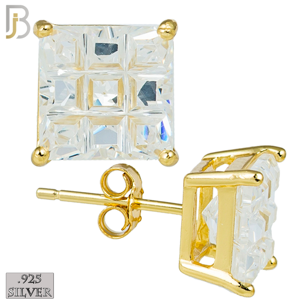 925-ES74-GC - .925 Sterling Silver Gold Plated Earring Stud Casting Square Princess Invisible Cut Prong Setting Clear Zircon image 0