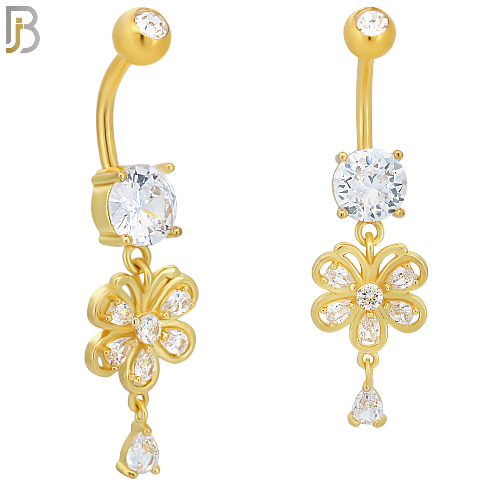N0104  - 316L Stainless Steel Round Zircon with Dangling Flower with Pear Shaped Zircon Belly Ring image 2
