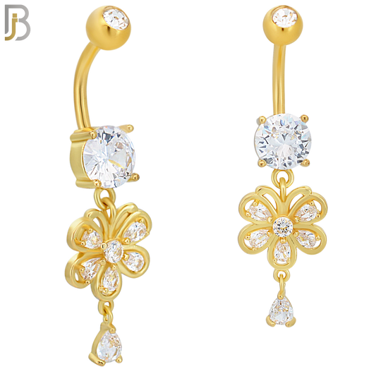 N0104  - 316L Stainless Steel Round Zircon with Dangling Flower with Pear Shaped Zircon Belly Ring image 2