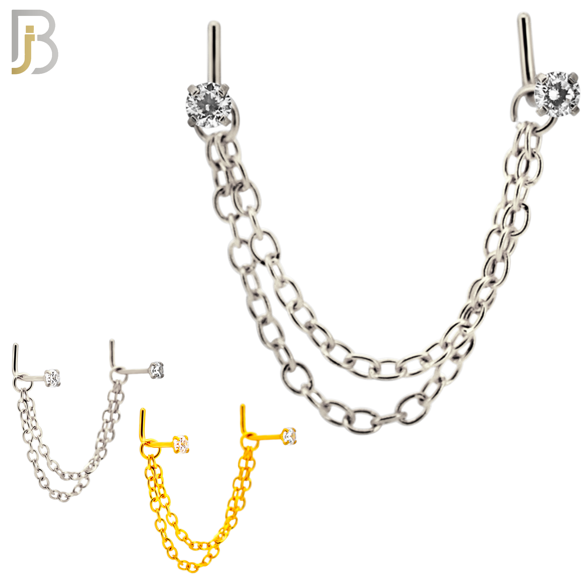 NR120L - 316 Surgical Steel Double L-Shaped Nose Rings with 2.5mm CZ in Prong Set and Double Chain Link - (Pack of 3) image 0