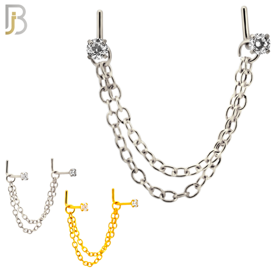 NR120L - 316 Surgical Steel Double L-Shaped Nose Rings with 2.5mm CZ in Prong Set and Double Chain Link - (Pack of 3) image 0