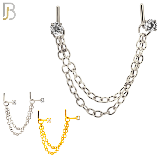 NR120L - 316 Surgical Steel Double L-Shaped Nose Rings with 2.5mm CZ in Prong Set and Double Chain Link - (Pack of 3) image 0