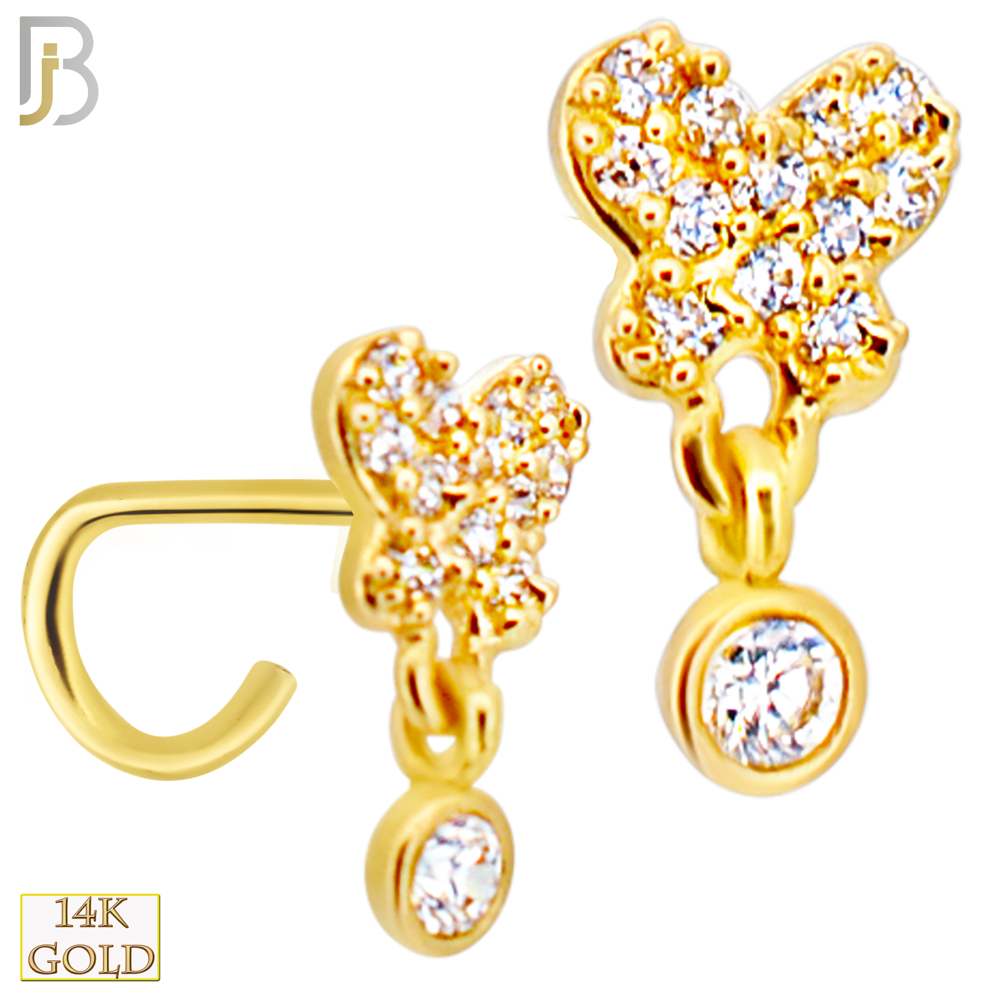 14-NR110C- 14k Yellow Gold CZ Studded Butterfly with  Dangling Round CZ in Bezel Setting Nose Screw - Yellow Gold image