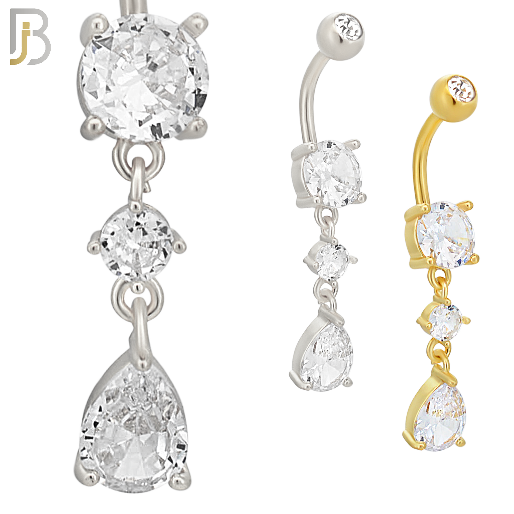 N0105  - 316L Stainless Steel Round Zircon with Dangling Pear Shape Zircon Belly Ring image 0