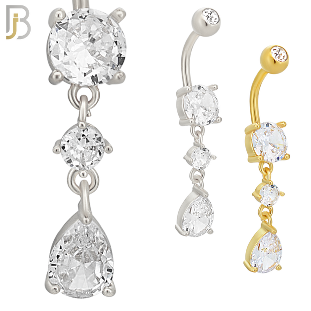 N0105  - 316L Stainless Steel Round Zircon with Dangling Pear Shape Zircon Belly Ring image 0