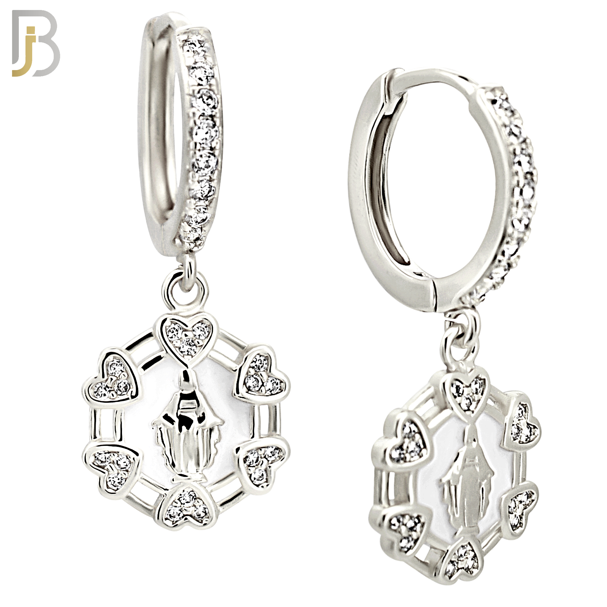 ES490 - 316L Stainless Steel Dangling Virgin Mary with Six Surrounding Hearts Huggies Earrings image 1