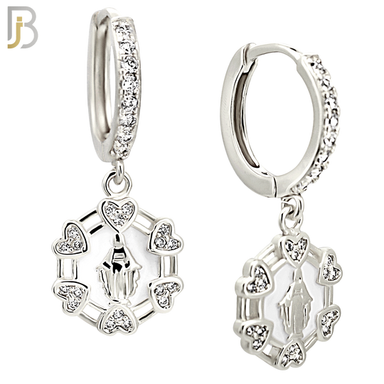 ES490 - 316L Stainless Steel Dangling Virgin Mary with Six Surrounding Hearts Huggies Earrings image 1