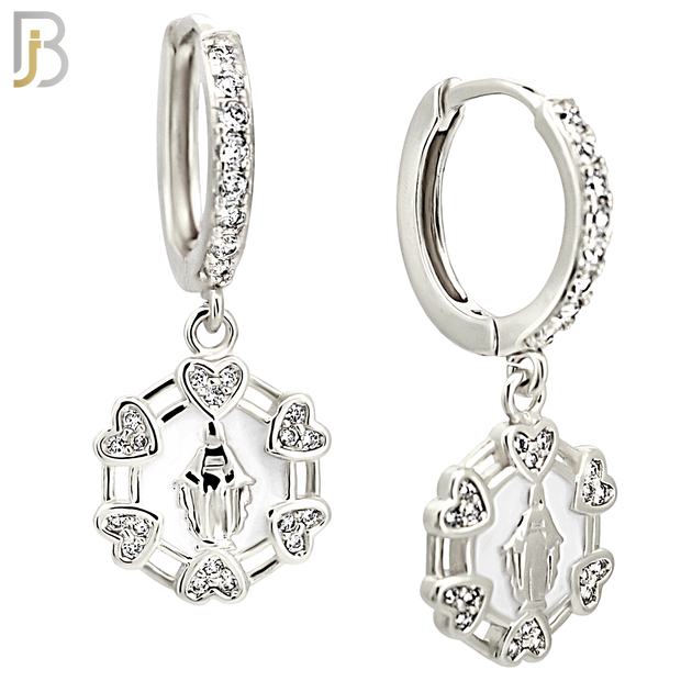 ES490 - 316L Stainless Steel Dangling Virgin Mary with Six Surrounding Hearts Huggies Earrings image 1