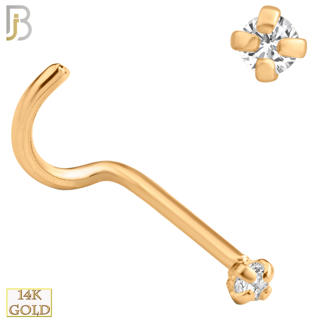 14-NR03CR-20 - 20g Thickness 14k Solid Rose Gold Prong Setting  Round Cubic Zircona Nose Screw, Cork Screw image 2
