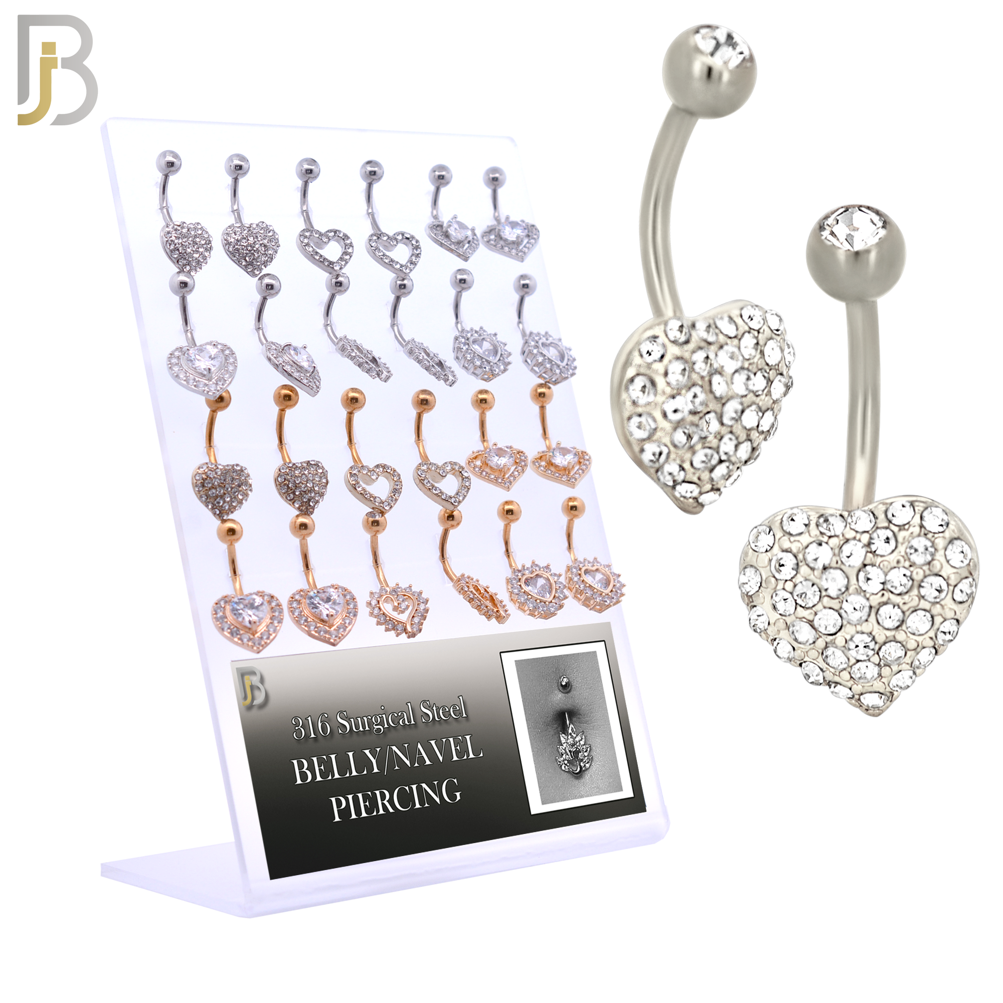 PK-NB17 - 316L Surgical Steel Different Heart Design Banana Belly Ring Pack of 24 image 0