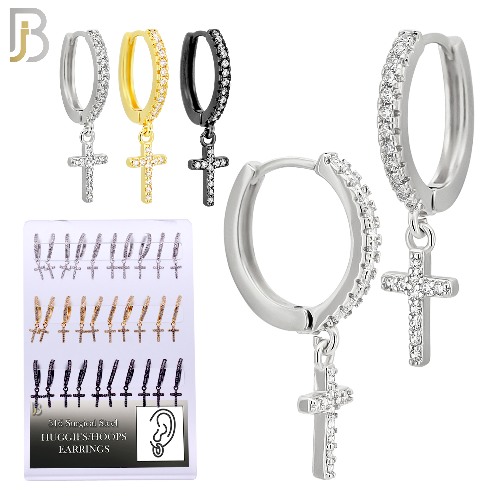 PK-ES36M - 316L Stainless Steel Dangling Cross Zircon Design Huggies Clip On - Pack of 15 Pairs image 1