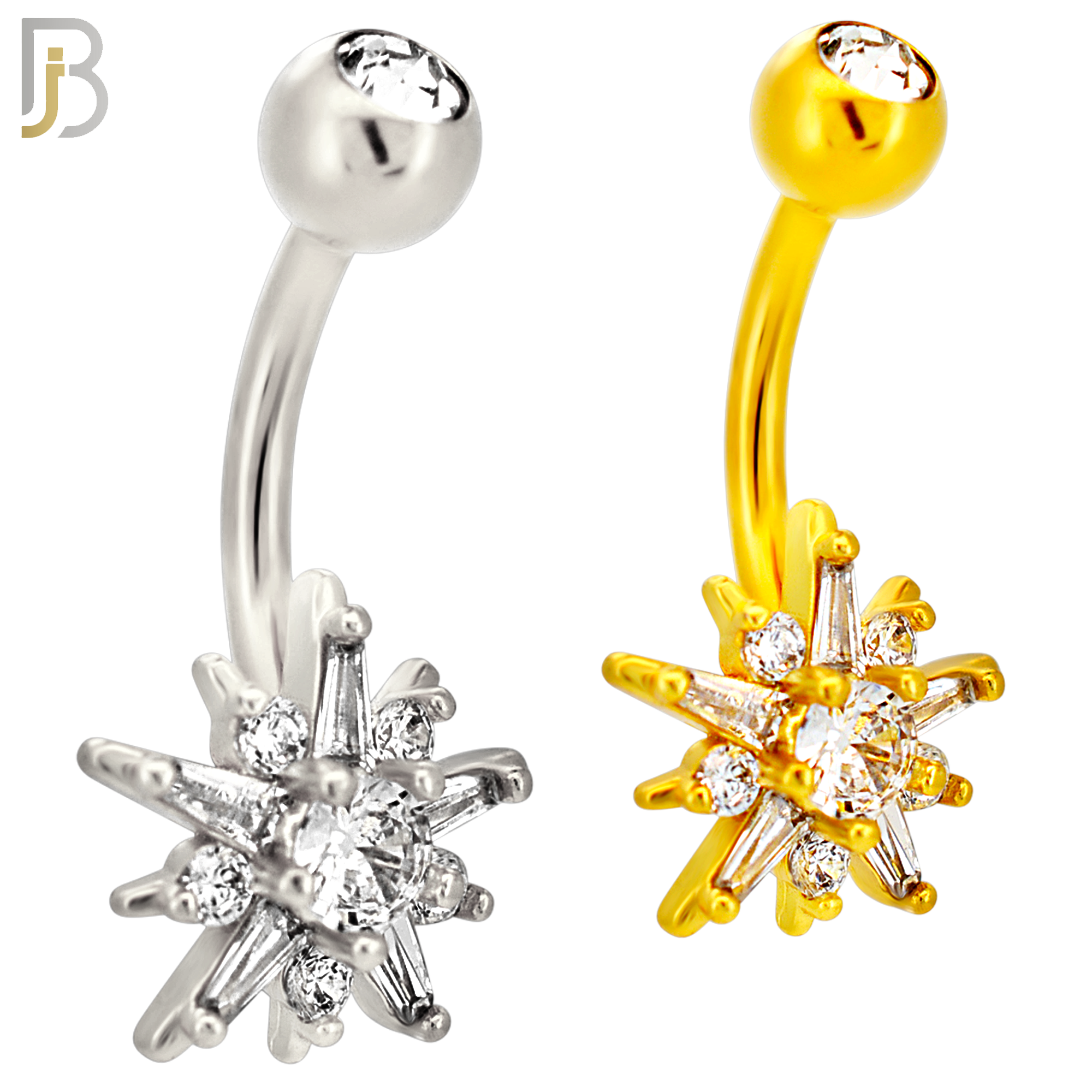 NB117 - 316L Surgical Steel Starburst with Round CZ Center Belly Ring image 0