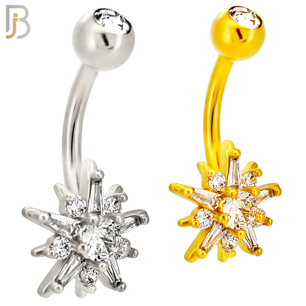 NB117 - 316L Surgical Steel Starburst with Round CZ Center Belly Ring image 0