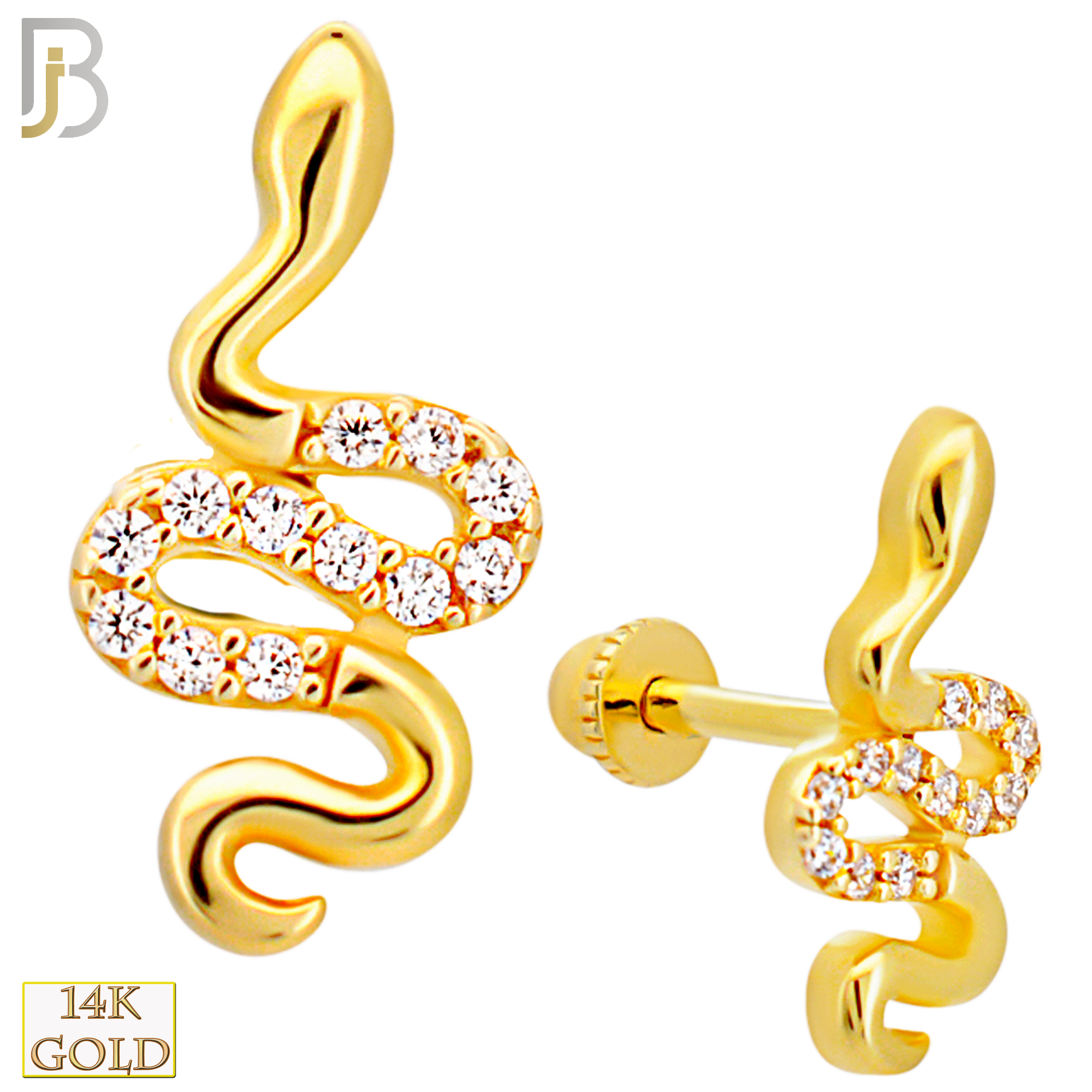 14-TB82 - 14k Yellow Gold Snake with CZ Tragus Barbell with Baby Screw Backing image 0