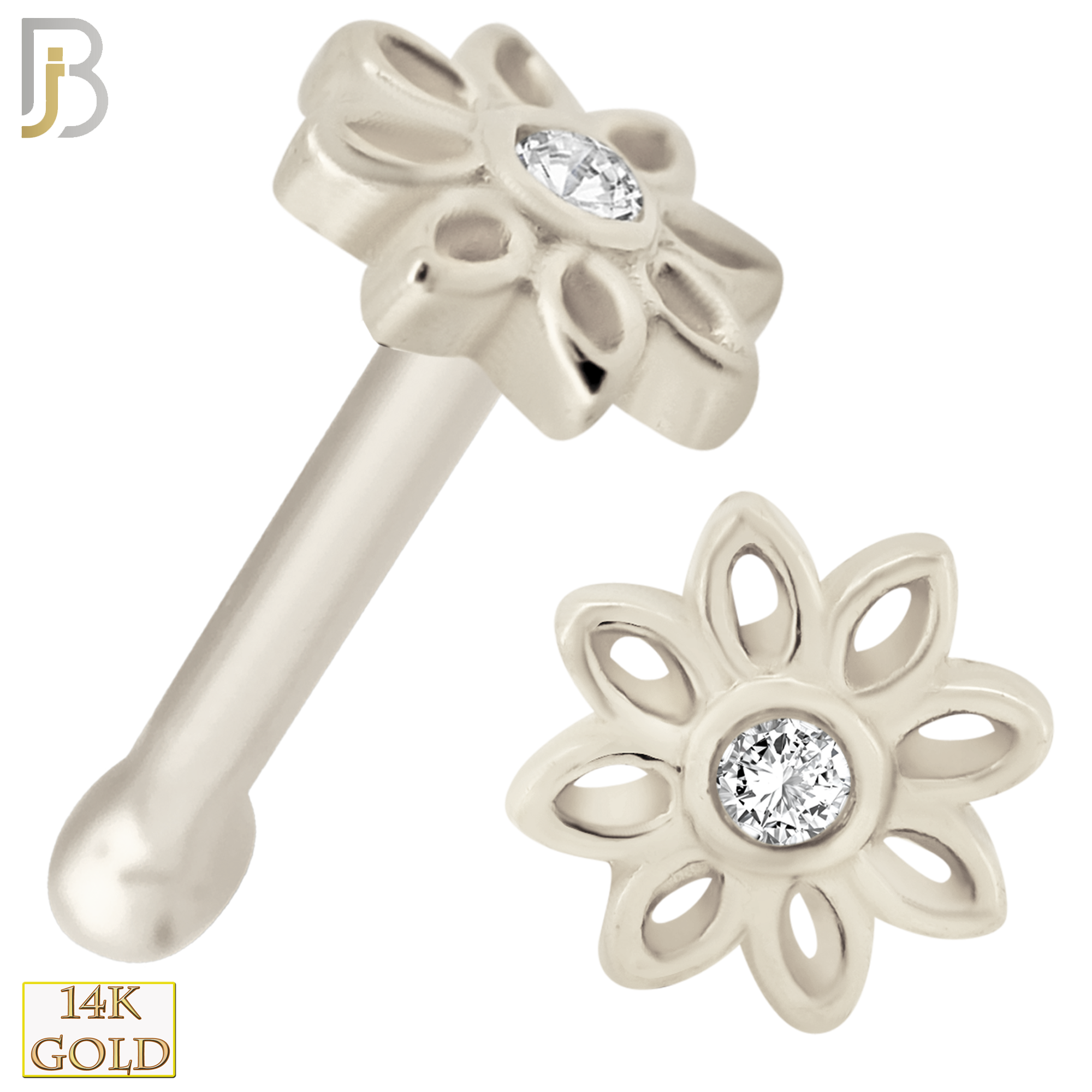 14-NR52B - 14k Solid Gold Nose Bone Flower Design Clear Zircon image 1