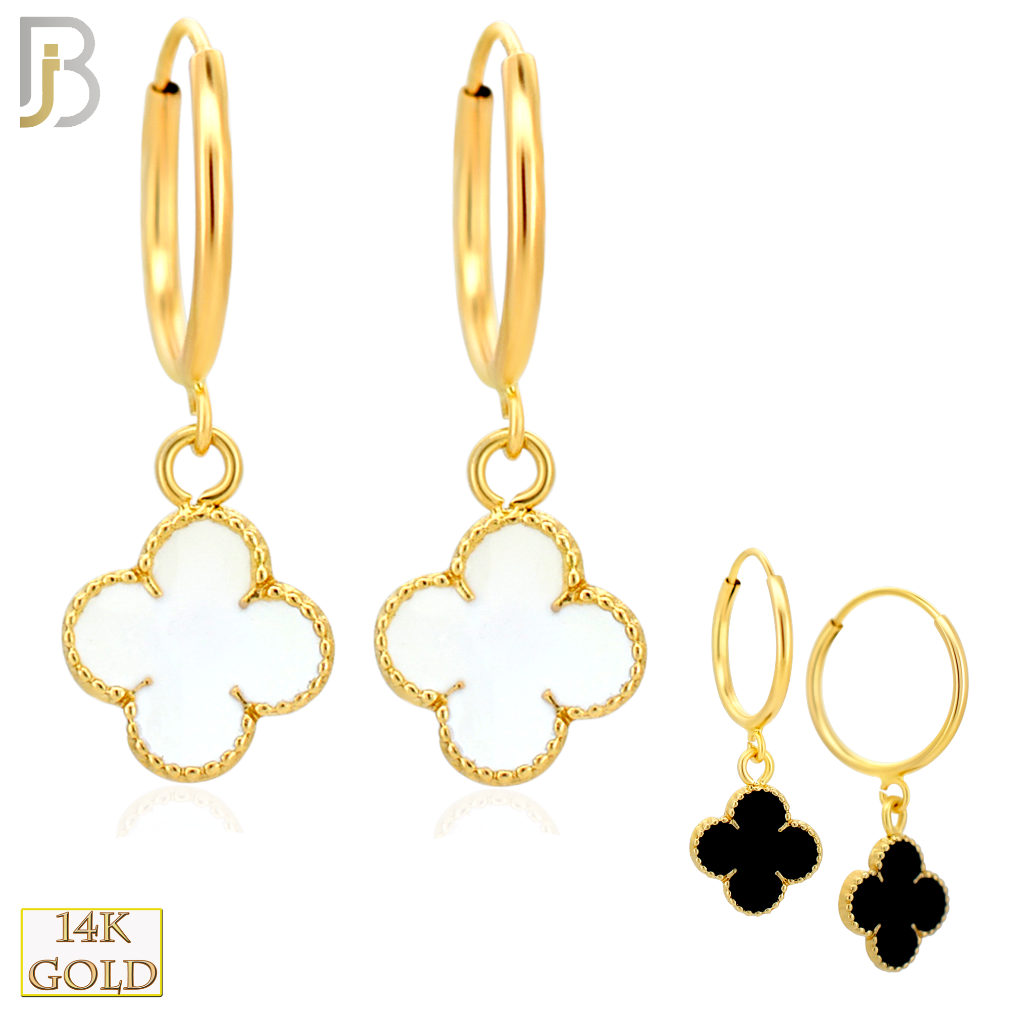 14-ES250 - 14k Yellow Gold Enamel Four Leaf Clover Dangling Hoop Earrings image 0